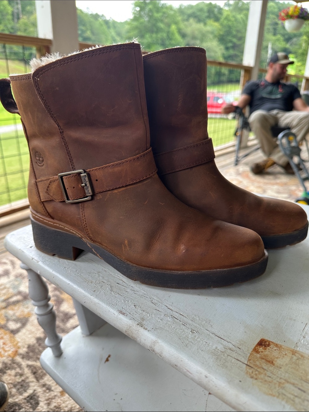 Timberland Brown Leather Shearling Ankle Boots with Buckle